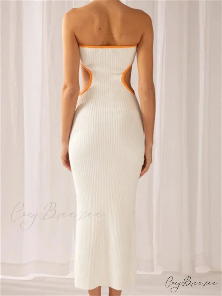 Women Waist Hollow Out Tube Strapless Off Shoulder Contrast Color Ribbed Summer Party Clubwear