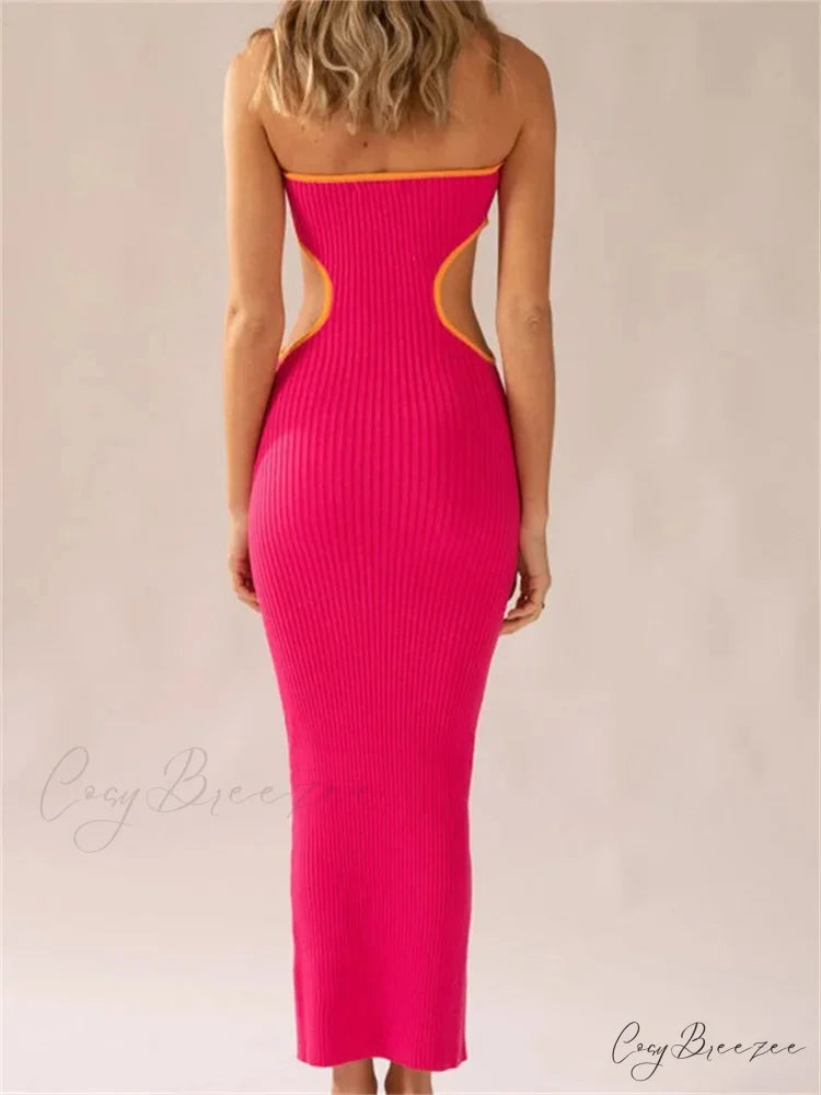Women Waist Hollow Out Tube Strapless Off Shoulder Contrast Color Ribbed Summer Party Clubwear