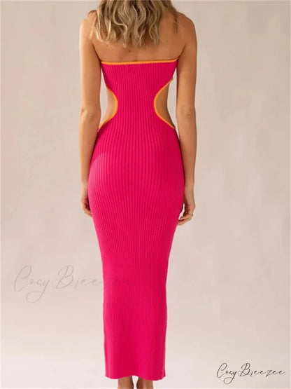 Women Waist Hollow Out Tube Strapless Off Shoulder Contrast Color Ribbed Summer Party Clubwear
