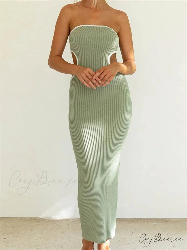 Women Waist Hollow Out Tube Strapless Off Shoulder Contrast Color Ribbed Summer Party Clubwear GREEN / S