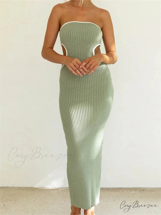 Women Waist Hollow Out Tube Strapless Off Shoulder Contrast Color Ribbed Summer Party Clubwear GREEN / S