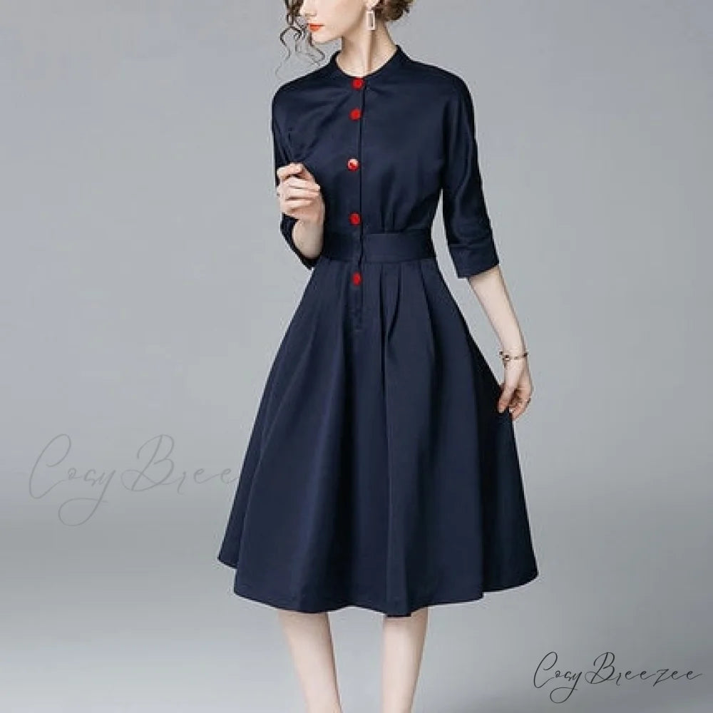 women with single-breasted shirt Elegant for and sleeves long button dress details Navy Blue / S
