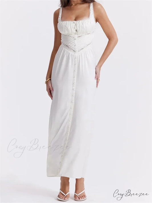Women Y2K Low Cut Square Neck Boho Lace Floral Patchwork Sleeveless Strap Ruched Vestidos Sundress WHITE / S