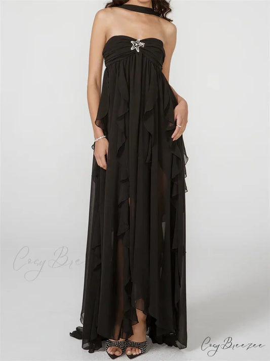 Women Y2K Tube Sexy Strapless Off Shoulder Ruffle Tassel Evening Party Halter Backless Vestidos