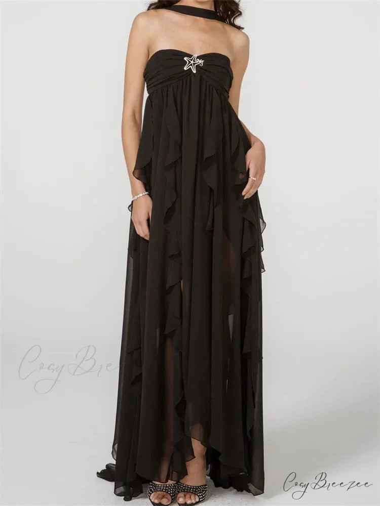 Women Y2K Tube Sexy Strapless Off Shoulder Ruffle Tassel Evening Party Halter Backless Vestidos Black / S