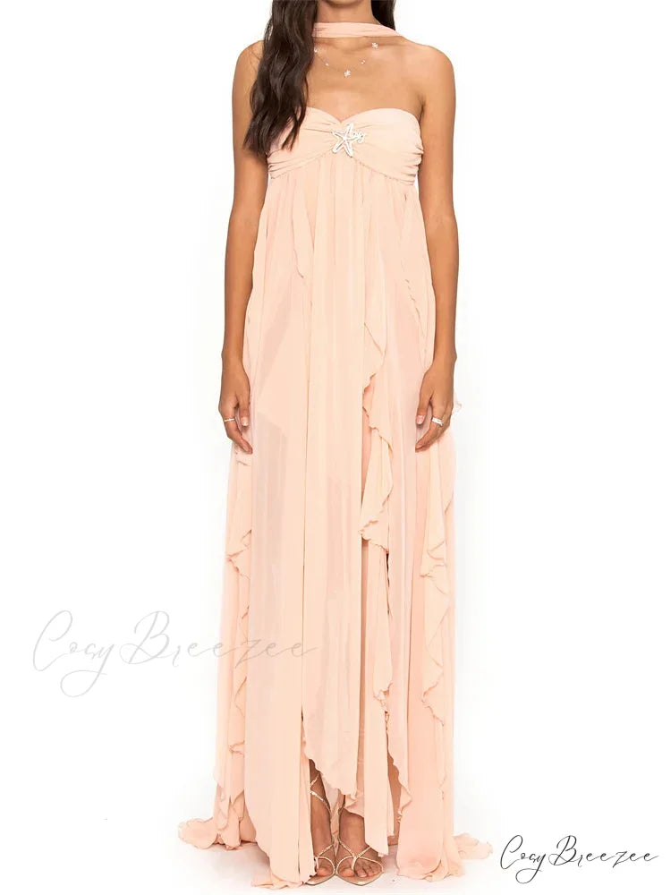 Women Y2K Tube Sexy Strapless Off Shoulder Ruffle Tassel Evening Party Halter Backless Vestidos Pink / S