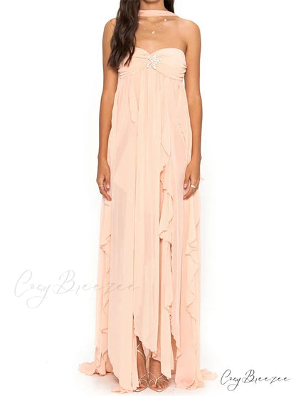 Women Y2K Tube Sexy Strapless Off Shoulder Ruffle Tassel Evening Party Halter Backless Vestidos Pink / S