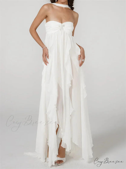 Women Y2K Tube Sexy Strapless Off Shoulder Ruffle Tassel Evening Party Halter Backless Vestidos WHITE / S