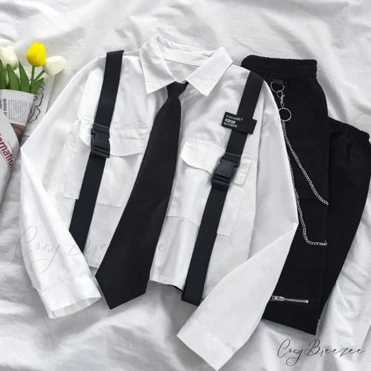 Women’s 2024 Pocket Harajuku Top Casual White Tie Blouse