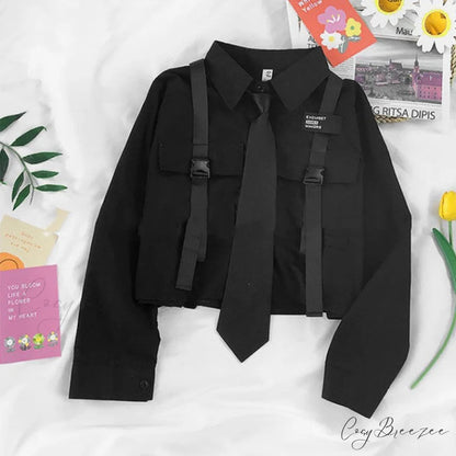 Women’s 2024 Pocket Harajuku Top Casual White Tie Blouse long sleeve black / XS