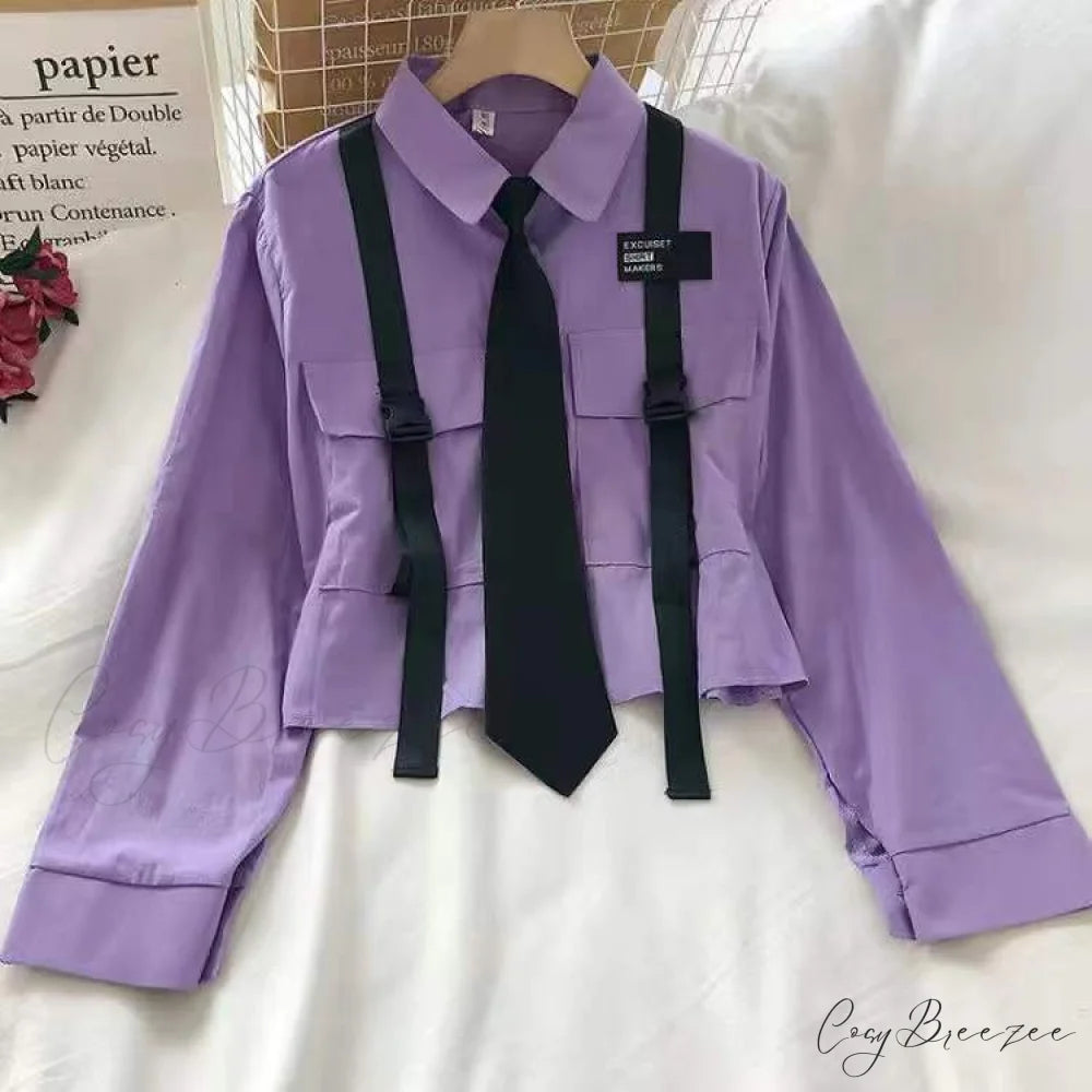 Women’s 2024 Pocket Harajuku Top Casual White Tie Blouse long sleeve purple / XS