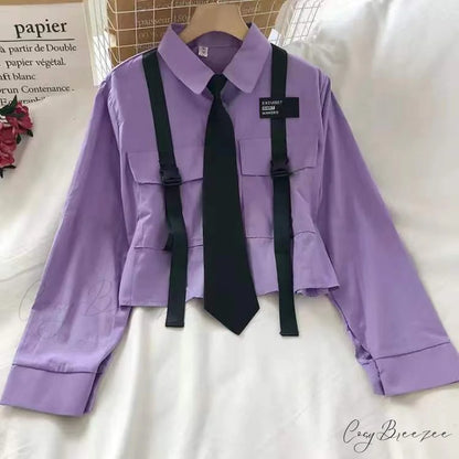 Women’s 2024 Pocket Harajuku Top Casual White Tie Blouse long sleeve purple / XS