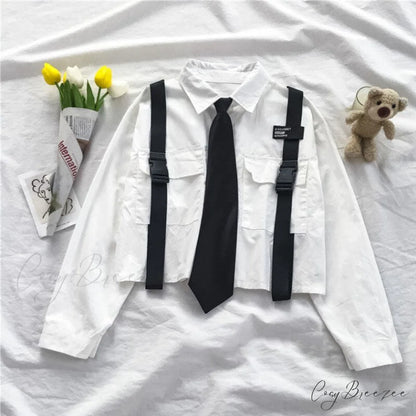Women’s 2024 Pocket Harajuku Top Casual White Tie Blouse long sleeve white / XS
