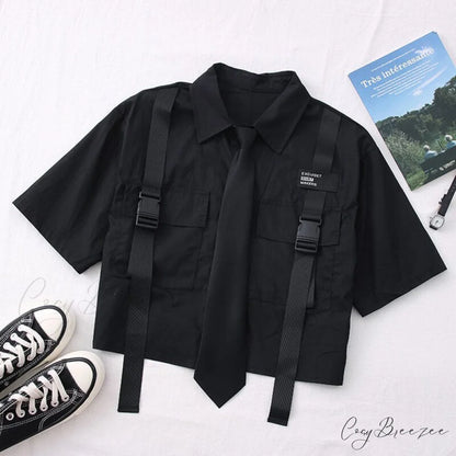 Women’s 2024 Pocket Harajuku Top Casual White Tie Blouse short sleeve black / XS
