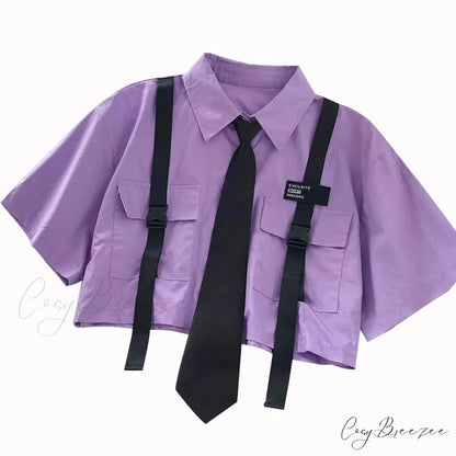 Women’s 2024 Pocket Harajuku Top Casual White Tie Blouse short sleeve purple / XS