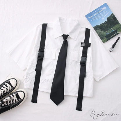 Women’s 2024 Pocket Harajuku Top Casual White Tie Blouse short sleeve white / XS