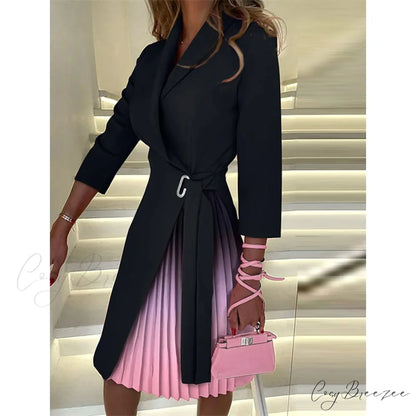 Women’s A Line Blazer Dress Knee Length Ruched Print Black / S
