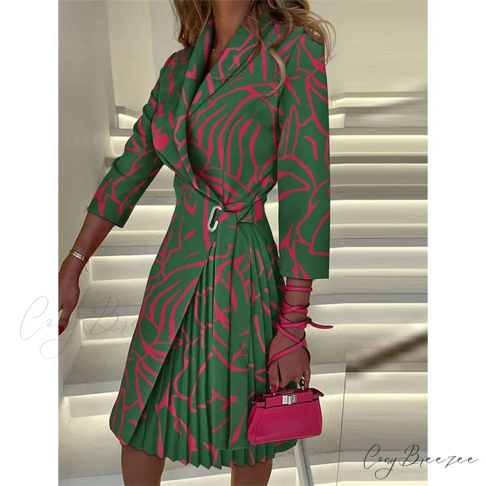 Women’s A Line Blazer Dress Knee Length Ruched Print Green / S
