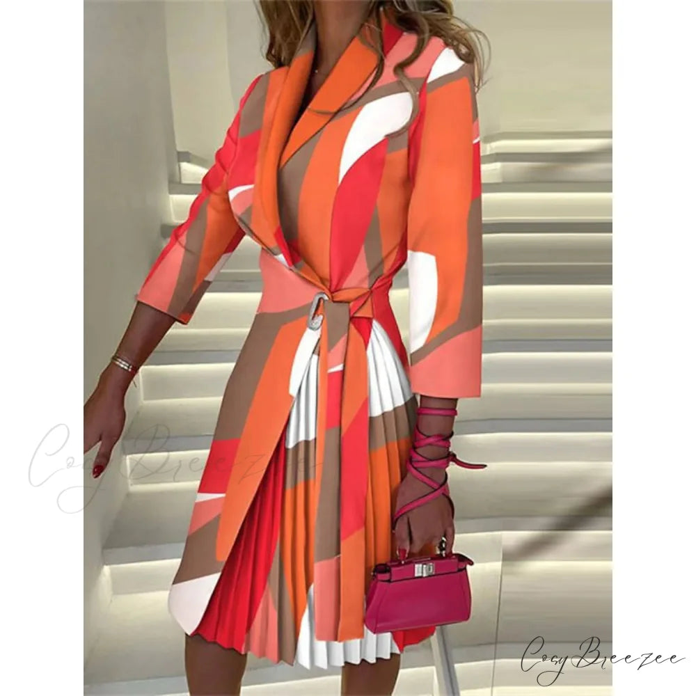 Women’s A Line Blazer Dress Knee Length Ruched Print Orange / S