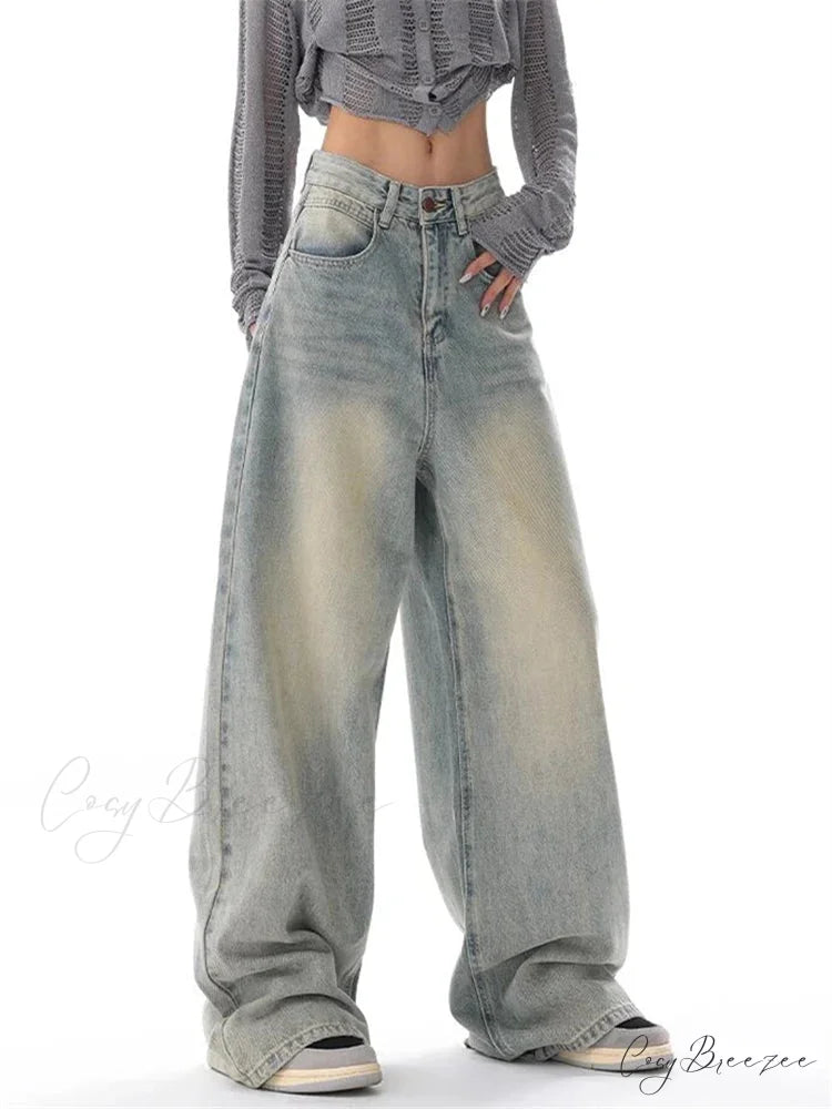 Women’s American Vintage Washed Thin Casual Neutral Style Blue Denim Female High Waist Straight Pants Jeans