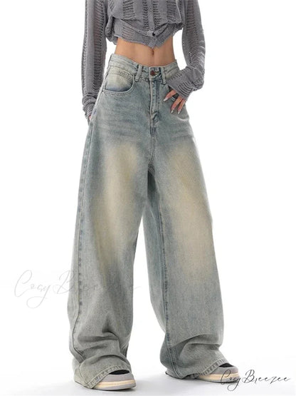 Women’s American Vintage Washed Thin Casual Neutral Style Blue Denim Female High Waist Straight Pants Jeans