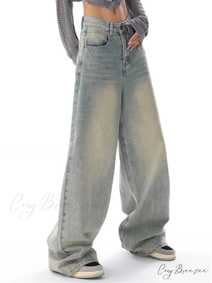 Women’s American Vintage Washed Thin Casual Neutral Style Blue Denim Female High Waist Straight Pants Jeans