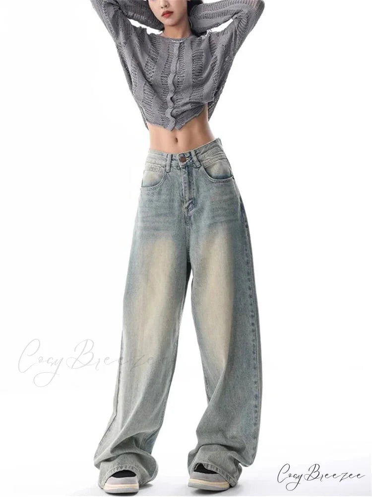 Women’s American Vintage Washed Thin Casual Neutral Style Blue Denim Female High Waist Straight Pants Jeans