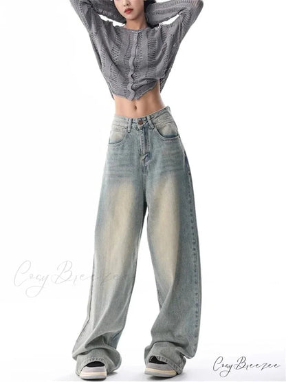 Women’s American Vintage Washed Thin Casual Neutral Style Blue Denim Female High Waist Straight Pants Jeans