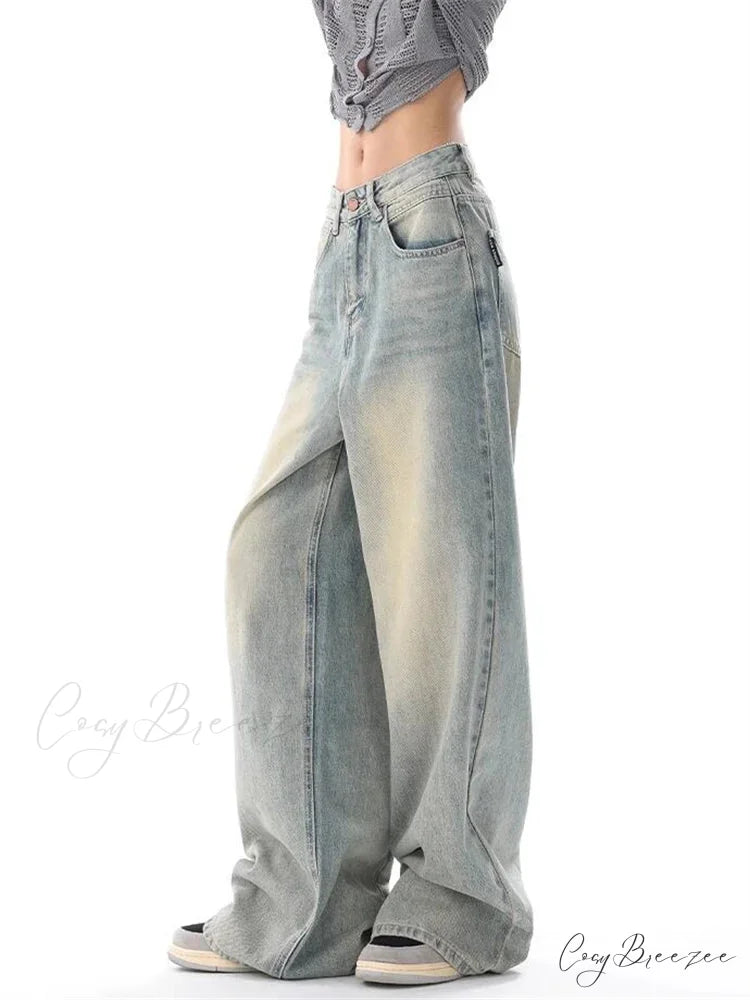 Women’s American Vintage Washed Thin Casual Neutral Style Blue Denim Female High Waist Straight Pants Jeans