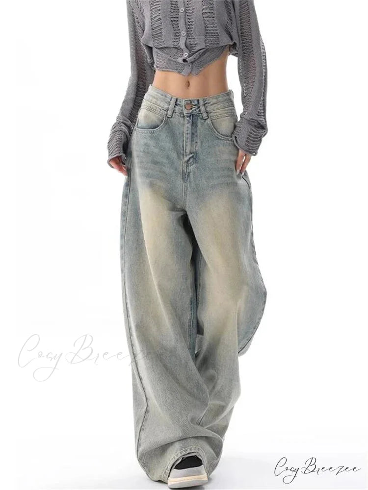 Women’s American Vintage Washed Thin Casual Neutral Style Blue Denim Female High Waist Straight Pants Jeans