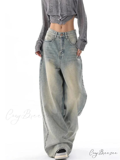 Women’s American Vintage Washed Thin Casual Neutral Style Blue Denim Female High Waist Straight Pants Jeans