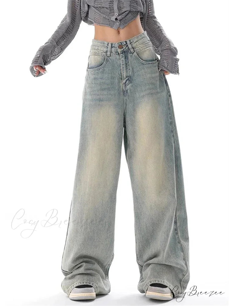 Women’s American Vintage Washed Thin Casual Neutral Style Blue Denim Female High Waist Straight Pants Jeans Blue / S