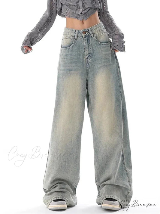 Women’s American Vintage Washed Thin Casual Neutral Style Blue Denim Female High Waist Straight Pants Jeans Blue / S