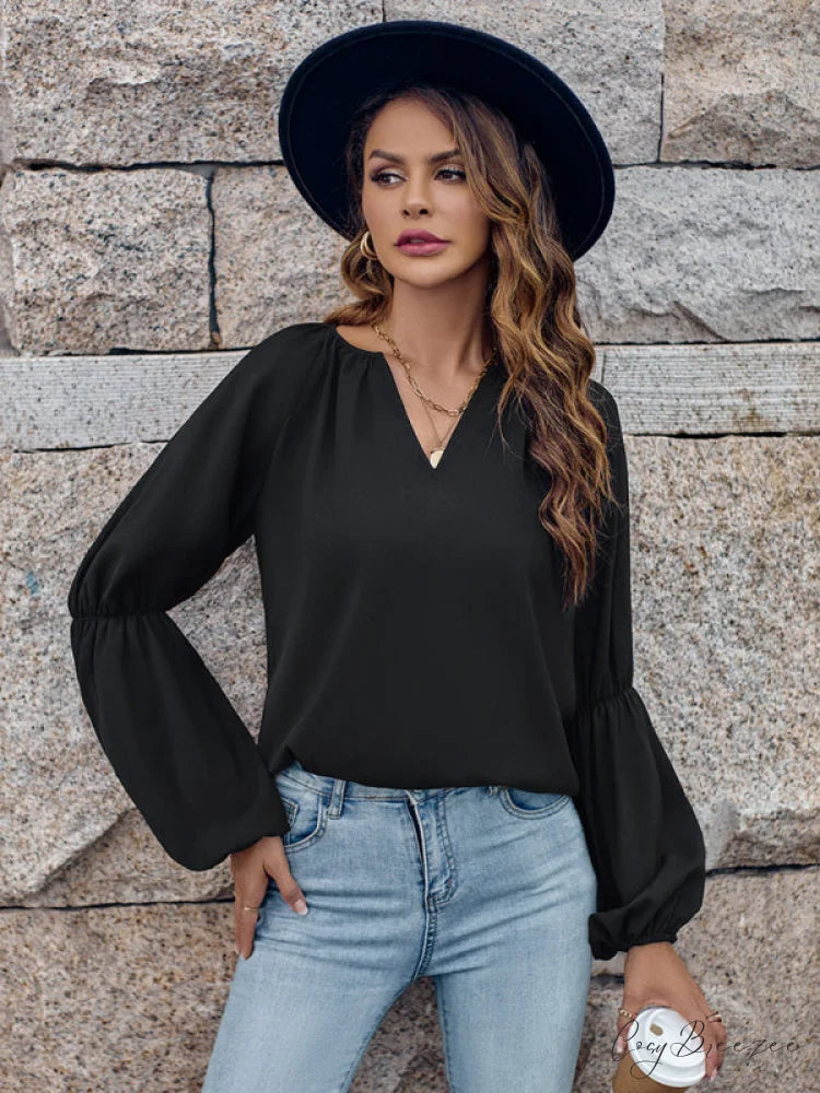 women’s autumn casual tops and for V-neck loose winter Black / S