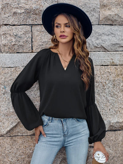 women’s autumn casual tops and for V-neck loose winter Black / S