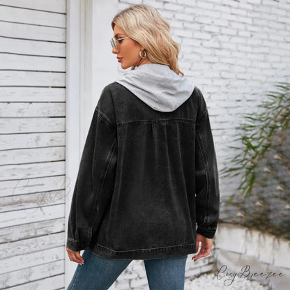 Womens Autumn Spring Oversized Denim Casual Distressed Boyfriend Comfy Jacket Black Gray / S