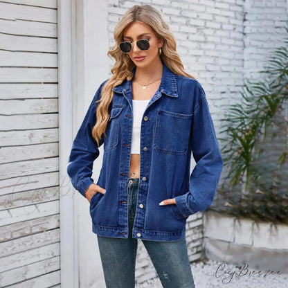 Womens Autumn Spring Oversized Denim Casual Distressed Boyfriend Comfy Jacket Dark Blue / S
