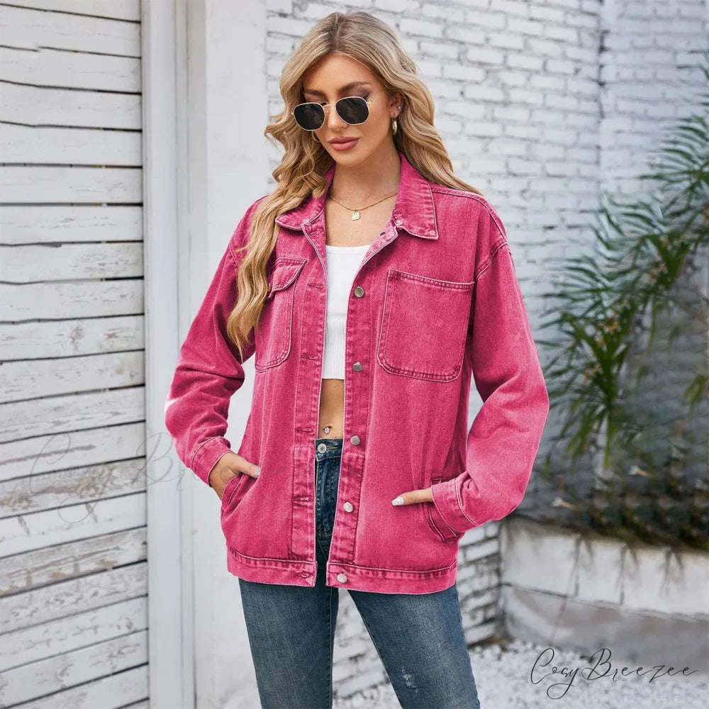 Womens Autumn Spring Oversized Denim Casual Distressed Boyfriend Comfy Jacket Pink / S