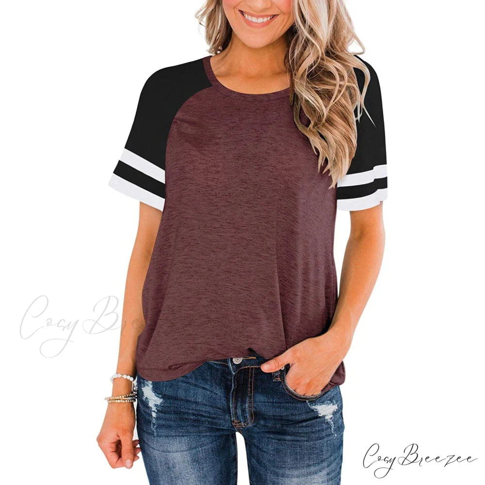 Women’s Block Crew Neck Brief Arm Color Shirt Burgundy / S