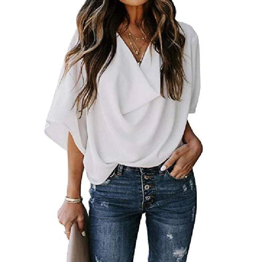 V Basic Neck Plain Blouse Women's - Top