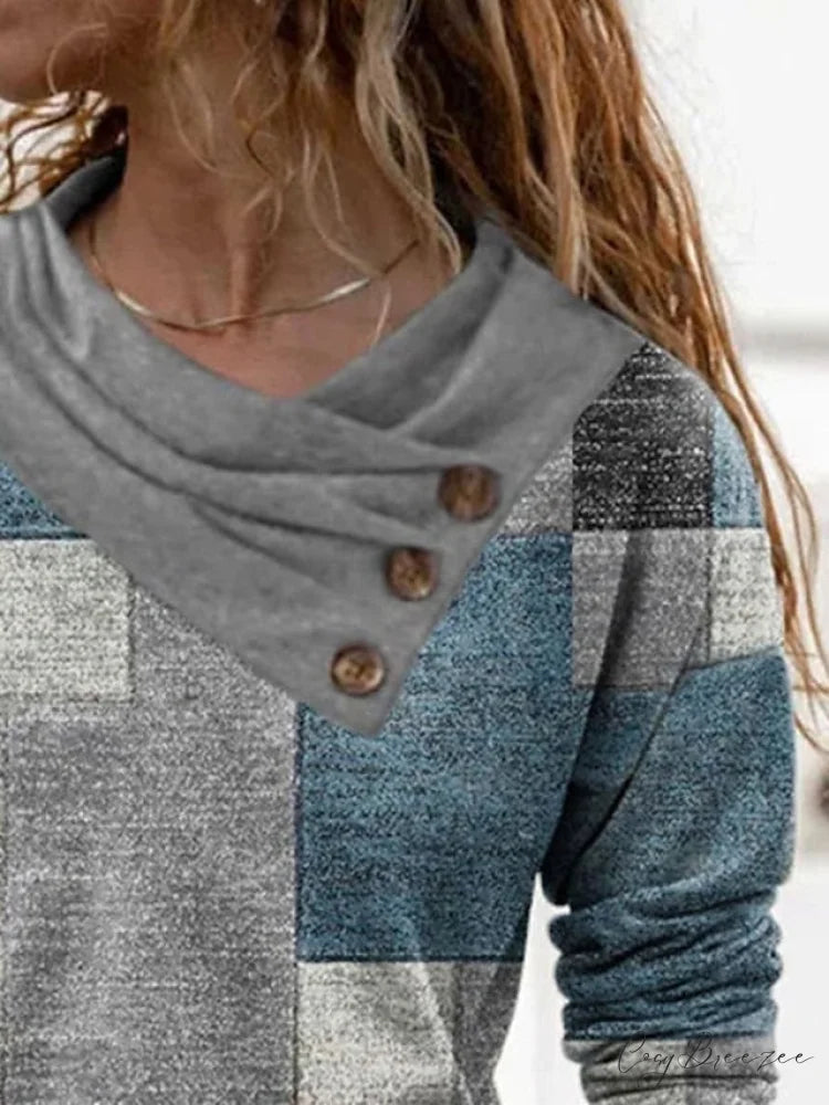 Women’s Blue Button Long Neck Pile Design Basic Abstract Navy Tee shirt Red Arm Geometric V Weekend Casual T Neck