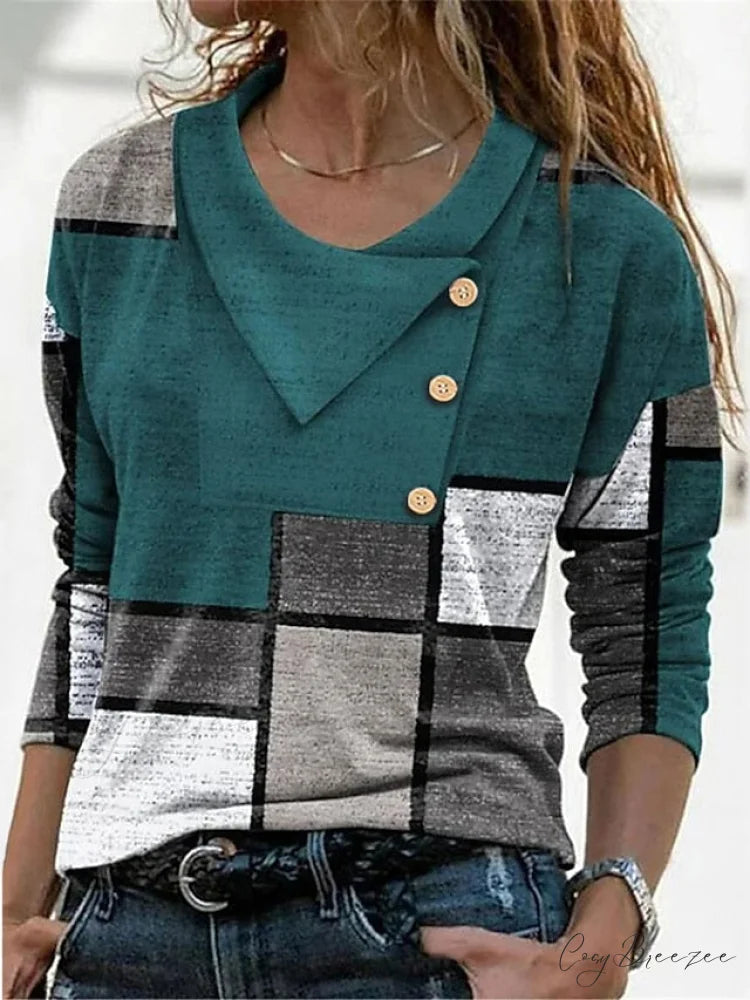 Women’s Blue Button Long Neck Pile Design Basic Abstract Navy Tee shirt Red Arm Geometric V Weekend Casual T Neck