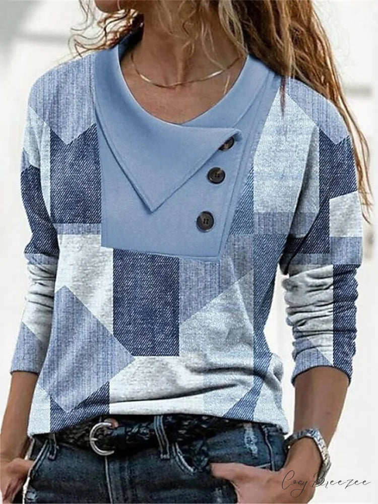 Women’s Blue Button Long Neck Pile Design Basic Abstract Navy Tee shirt Red Arm Geometric V Weekend Casual T Neck
