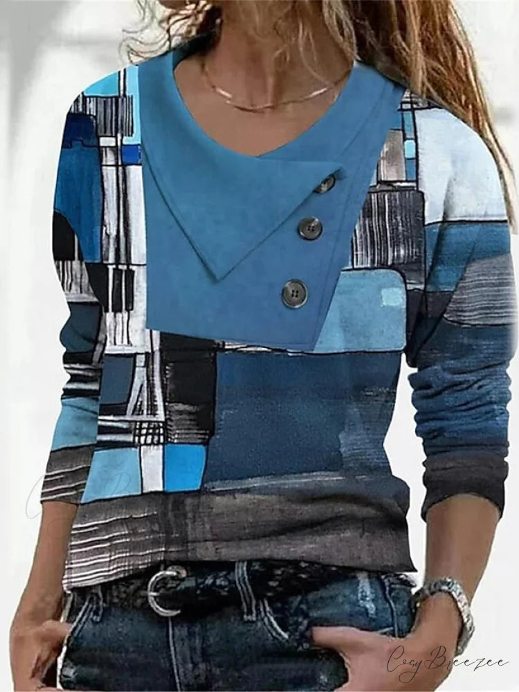 Women’s Blue Button Long Neck Pile Design Basic Abstract Navy Tee shirt Red Arm Geometric V Weekend Casual T Neck