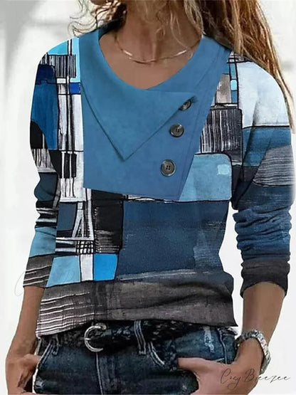 Women’s Blue Button Long Neck Pile Design Basic Abstract Navy Tee shirt Red Arm Geometric V Weekend Casual T Neck