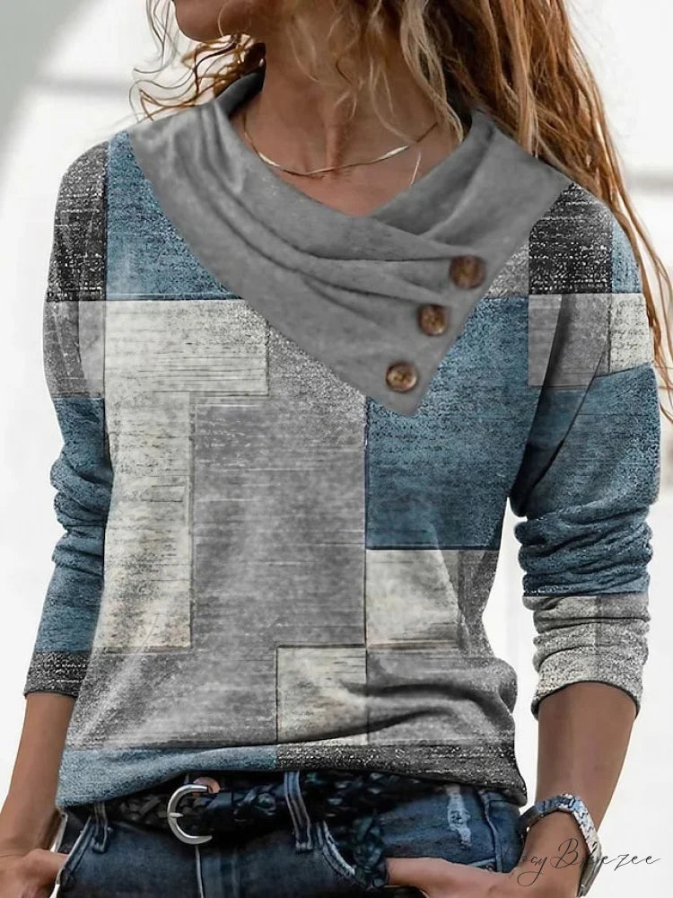 Women’s Blue Button Long Neck Pile Design Basic Abstract Navy Tee shirt Red Arm Geometric V Weekend Casual T Neck