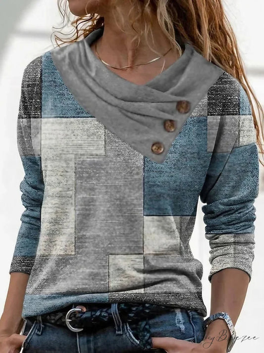 Women’s Blue Button Long Neck Pile Design Basic Abstract Navy Tee shirt Red Arm Geometric V Weekend Casual T Neck