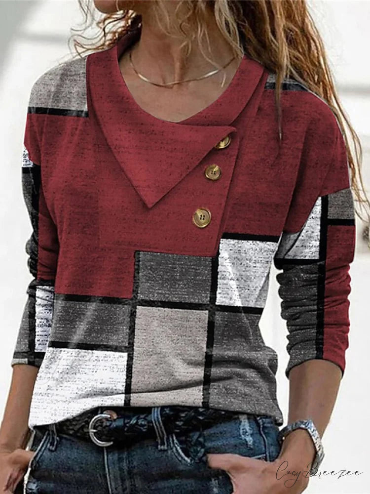Women’s Blue Button Long Neck Pile Design Basic Abstract Navy Tee shirt Red Arm Geometric V Weekend Casual T Neck