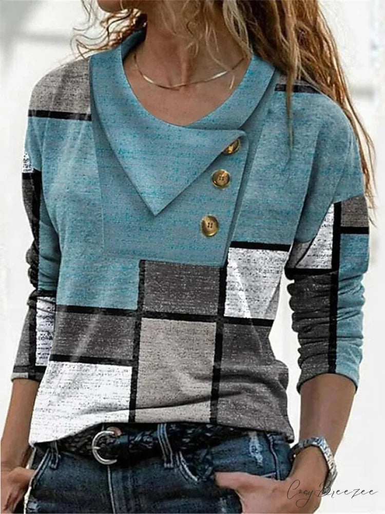Women’s Blue Button Long Neck Pile Design Basic Abstract Navy Tee shirt Red Arm Geometric V Weekend Casual T Neck