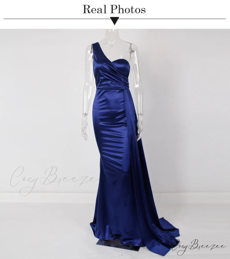 Women’s Blue Evening Green Gown Full-Length Party Royal with Sexy Gown Satin Long Ribbon Draped Dress
